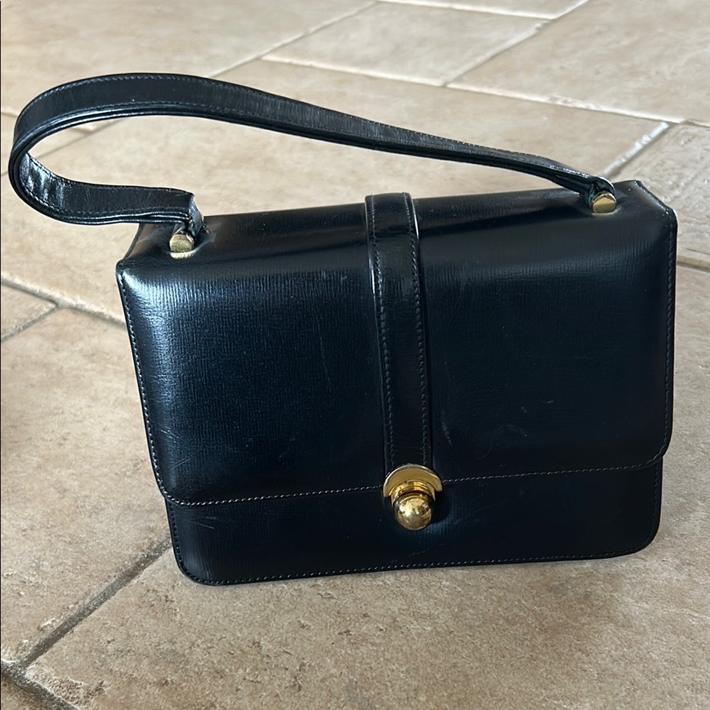 1960’s Elegant Black Leather Handbag with Gold Accent